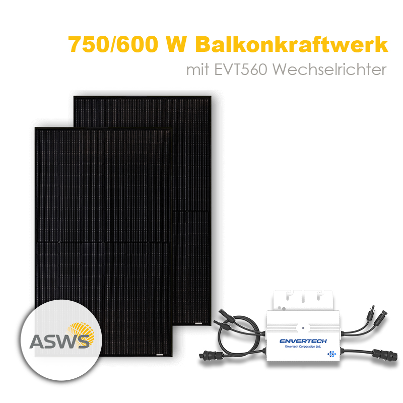 Balkonkraftwerk mit zwei 375 Watt Solarmodulen ohne Halterung Produktbild zeigt zwei Full-Black-Solarmodule mit Mikrowechselrichter von Envertech